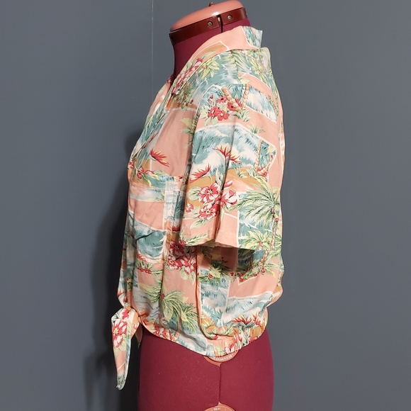 American Eagle Multicolor Tropical Hawaiian Blouse Tie Front Women's Size Small - Picture 2 of 6